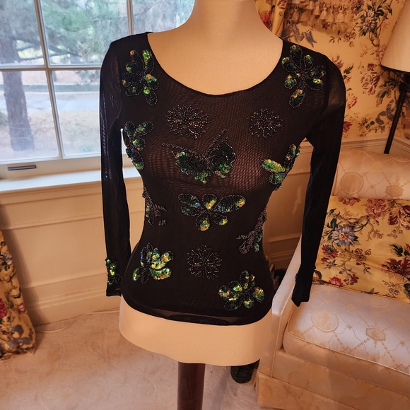 Tops - Sheer Black Long Sleeve Top Adorned With Green Sequin Design
